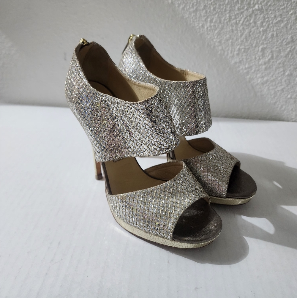 Jimmy Choo Women Heels Gold Glitter Open Toe Platform Sandals EU 37 US 6.5